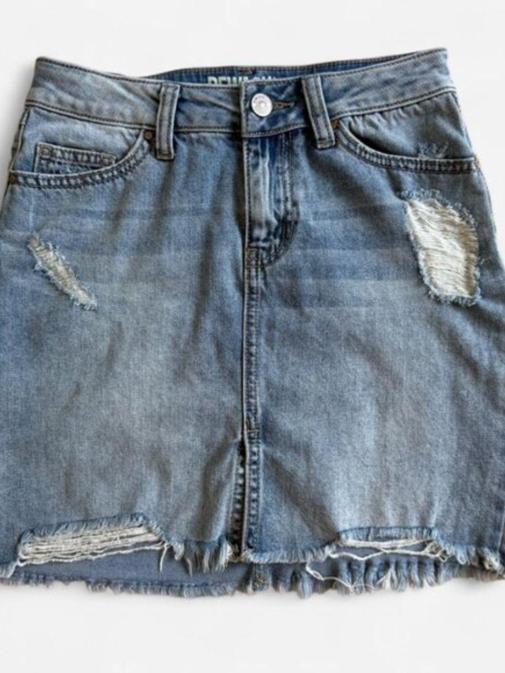 mid rise light wash distressed stretch denim mini skirt